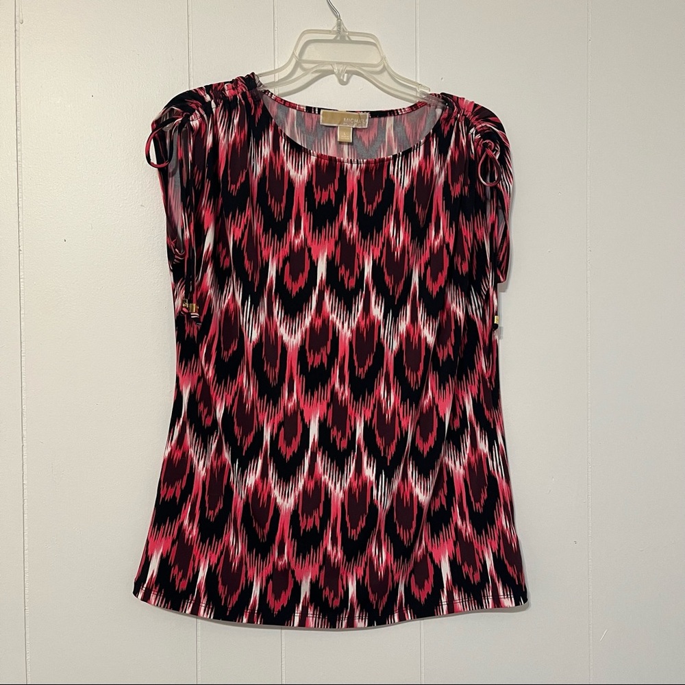 Hot pink and black print Michael Kors office or teacher blouse peacock print